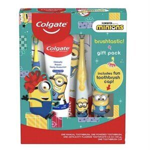 Colgate Kids Minions 2 Toothbrushes Gift Set Manual and Battery Powered Cap New